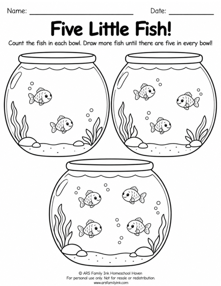 Preschool counting worksheet with three fishbowls containing two, three, and four fish. Children draw more fish to make five in each bowl.