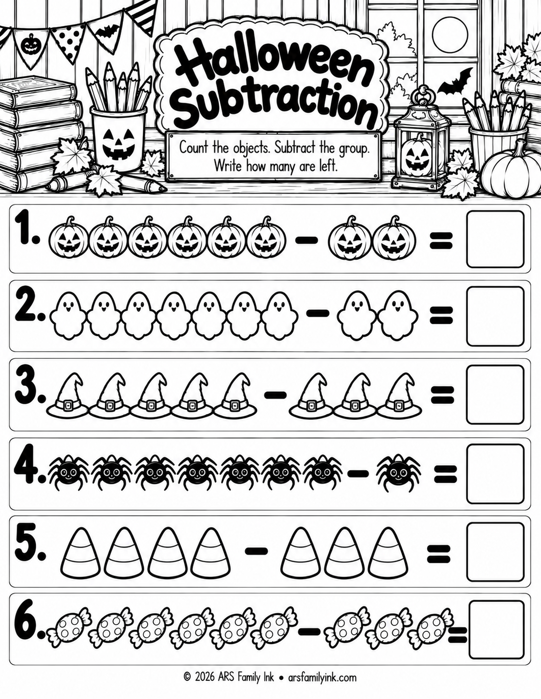 Halloween subtraction worksheet