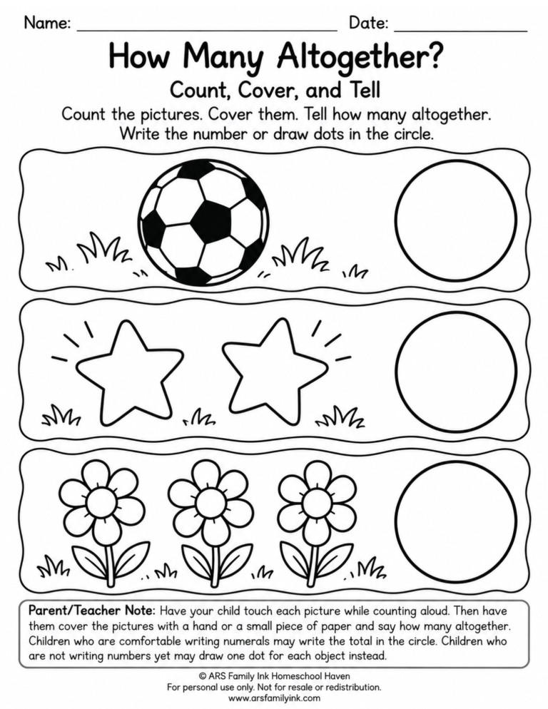 Preschool counting worksheet with one soccer ball, two stars, and three flowers, plus circles for writing numbers or drawing dots.