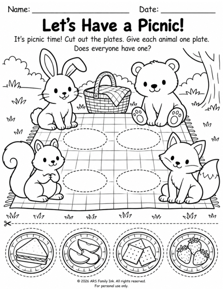 Black-and-white preschool picnic worksheet with four animals, four empty plate spaces on a picnic blanket, and four cutout food plates.