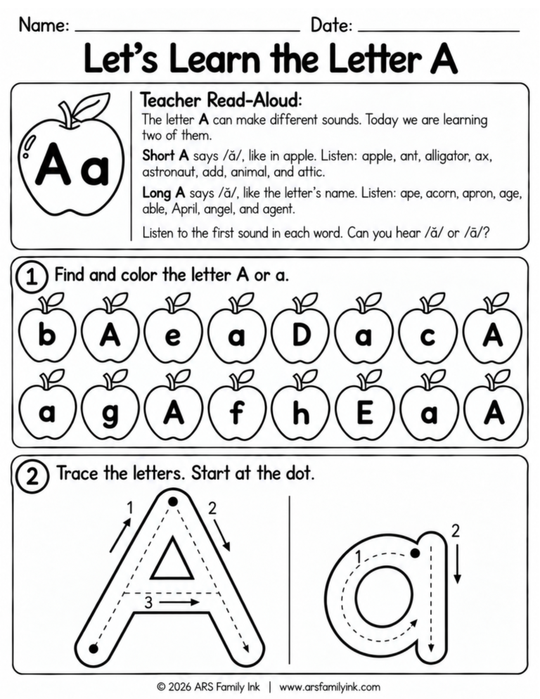 Let’s Learn the Letter A kindergarten worksheet with short A and long A sounds, letter recognition, and A and a tracing