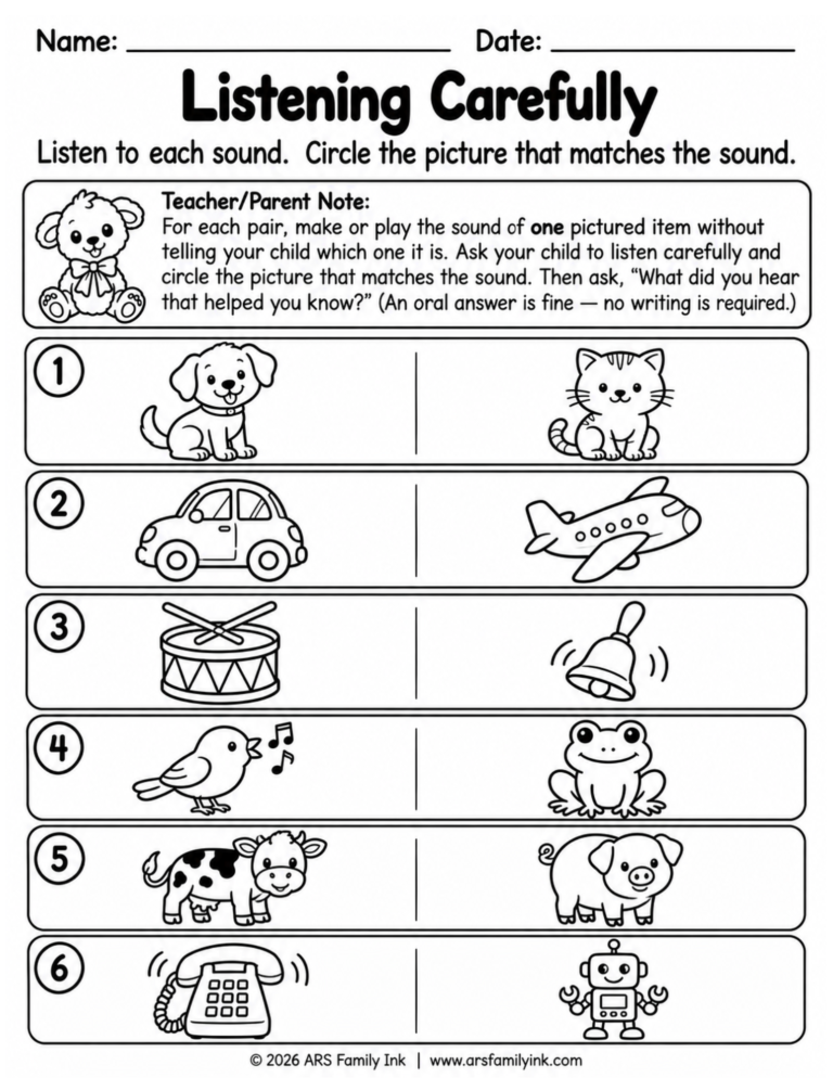 Listening Carefully kindergarten science worksheet for matching sounds to pictures using careful listening