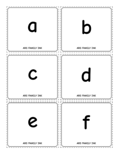 Printable lowercase alphabet flash cards showing letters a through f