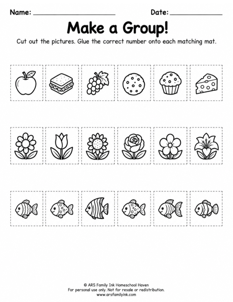 Cutout page with six food pictures, six flowers, and six fish in dashed cutting boxes for the Make a Group preschool worksheet.
