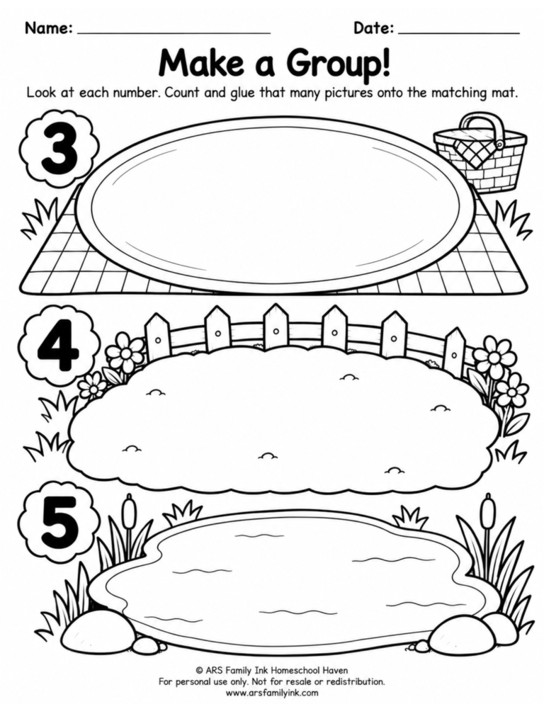 Preschool Make a Group counting worksheet with three illustrated mats labeled 3, 4, and 5 for a cut-and-paste activity.