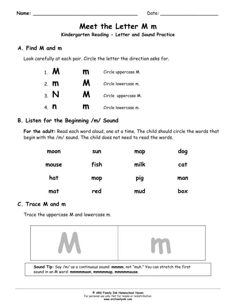 Meet the Letter M m kindergarten worksheet for uppercase and lowercase M recognition, beginning M sound practice, and letter tracing