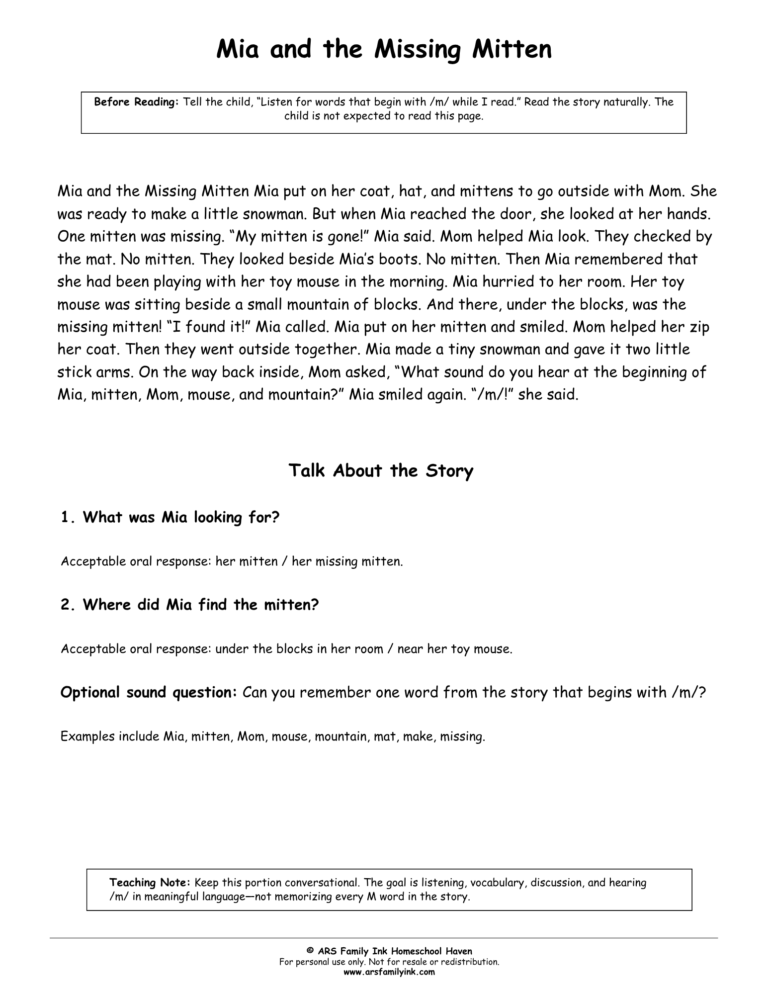 Mia and the Missing Mitten kindergarten Letter M read-aloud with listening comprehension questions and beginning M sound practice