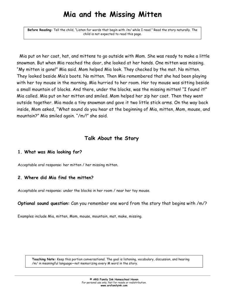 Mia and the Missing Mitten kindergarten Letter M read-aloud with listening comprehension questions and beginning M sound practice