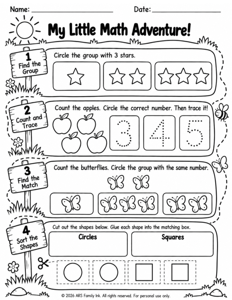 Preschool math worksheet with star counting, apple number tracing, butterfly quantity matching, and circle and square sorting.
