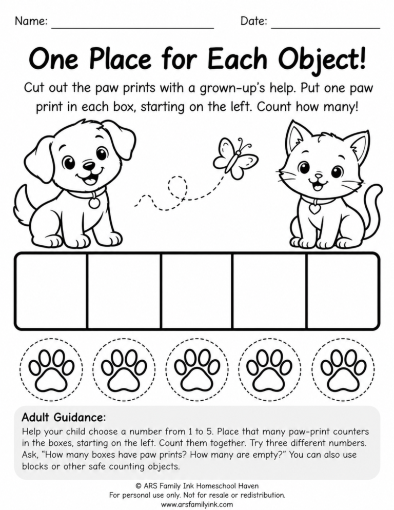 Preschool counting worksheet with a puppy, kitten, five empty boxes, and five cutout paw-print counters for practicing one-to-one correspondence.