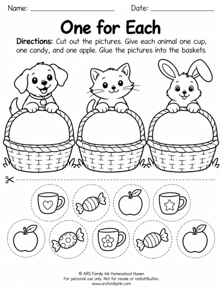 Black-and-white preschool cut-and-paste worksheet with a dog, cat, and rabbit holding baskets and nine pictures of cups, candies, and apples to distribute.