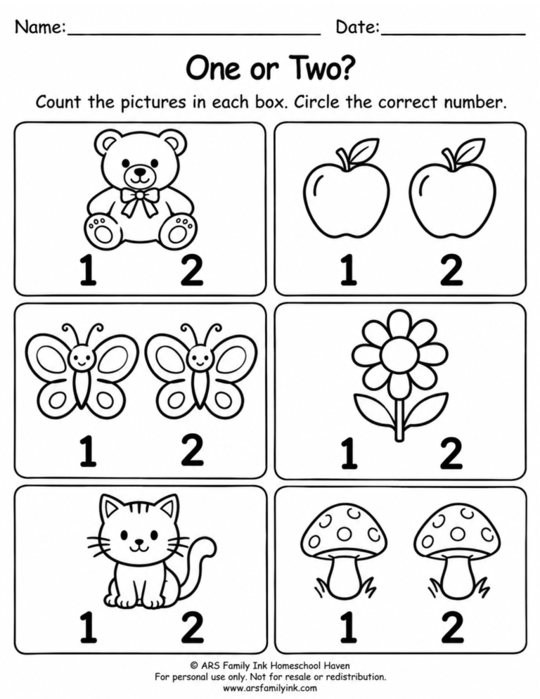 Preschool One or Two counting worksheet with six boxes showing teddy bears, apples, butterflies, a flower, a cat, and mushrooms, with number choices 1 and 2.