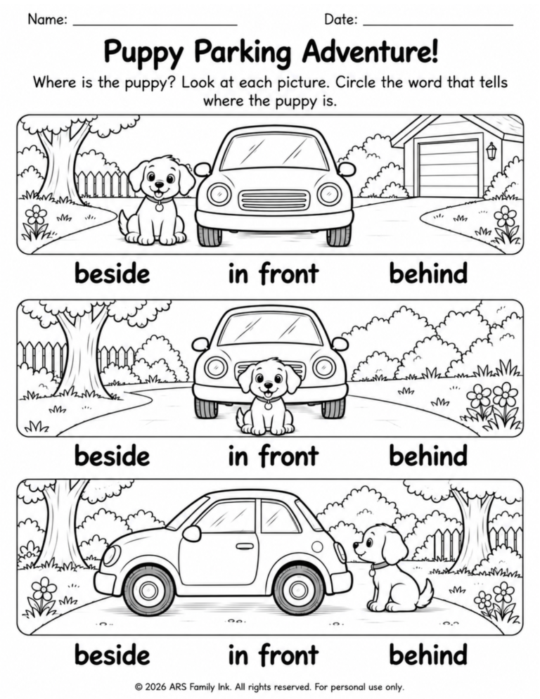 Preschool worksheet showing a puppy beside, in front of, and behind a car, with position words to circle beneath each picture.