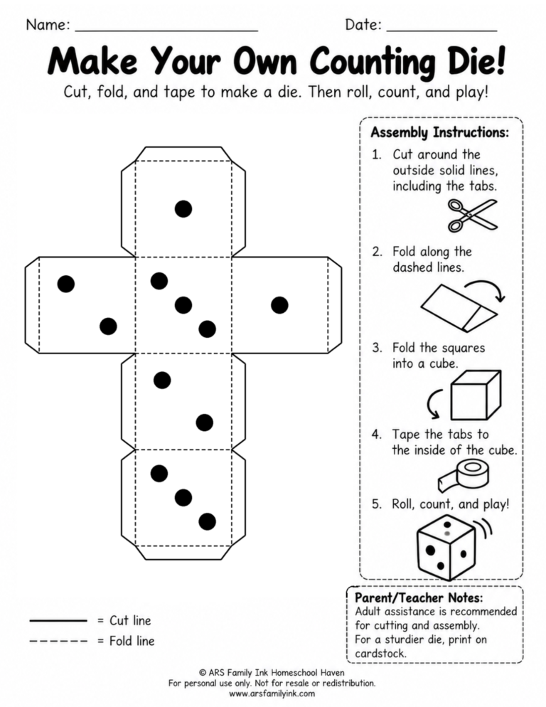 Printable counting die template with dot patterns from 1 to 3, cutting and folding lines, assembly tabs, and illustrated instructions.