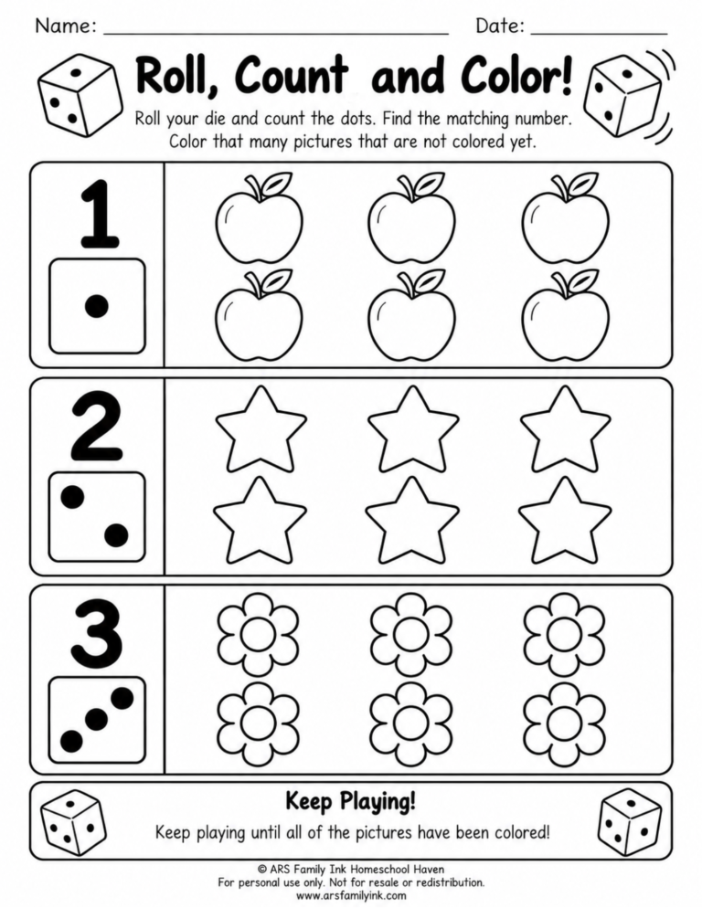 Preschool roll and color counting worksheet featuring numbers 1, 2, and 3 with dot patterns, apples, stars, and flowers.