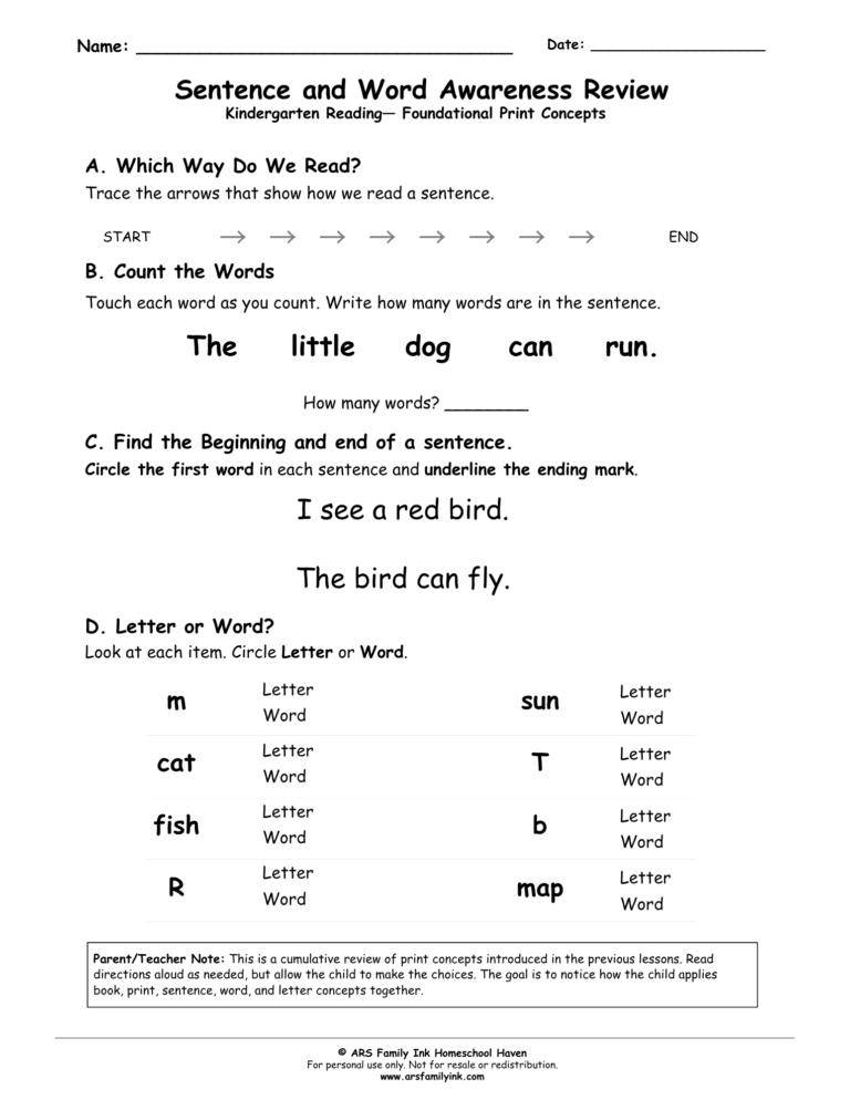 Sentence and Word Awareness Review kindergarten worksheet covering reading direction, counting words, sentence boundaries, and letters versus words