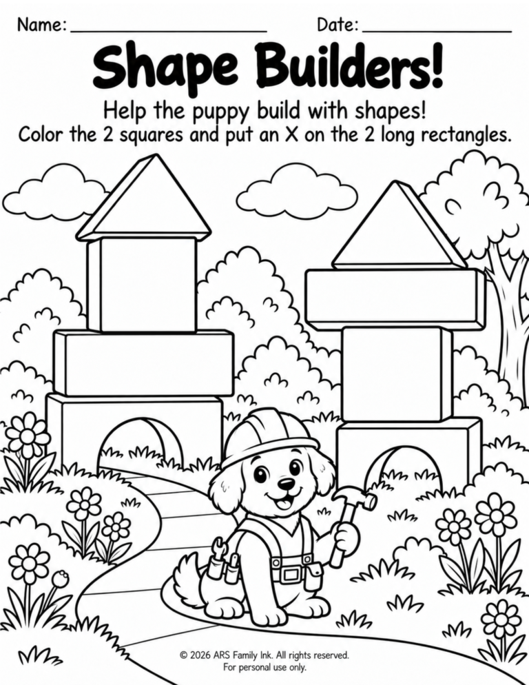 Preschool Shape Builders worksheet featuring a puppy with a hammer beside two block structures. Children color two squares and mark two long rectangles.
