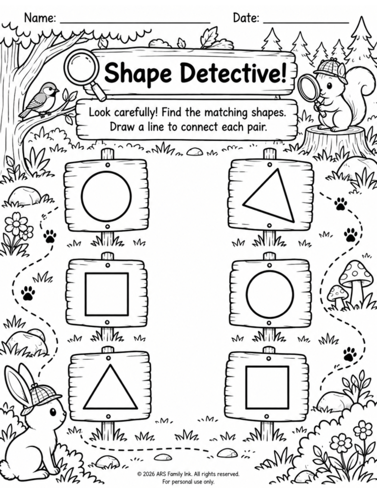 Shape Detective preschool worksheet with circles, squares, and triangles on woodland signs for children to match by drawing lines.