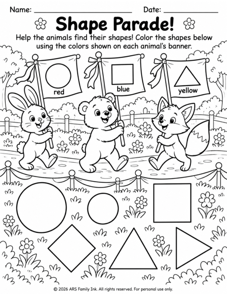 Preschool Shape Parade worksheet with a rabbit, bear, and fox holding circle, square, and triangle color banners above six outlined shapes.