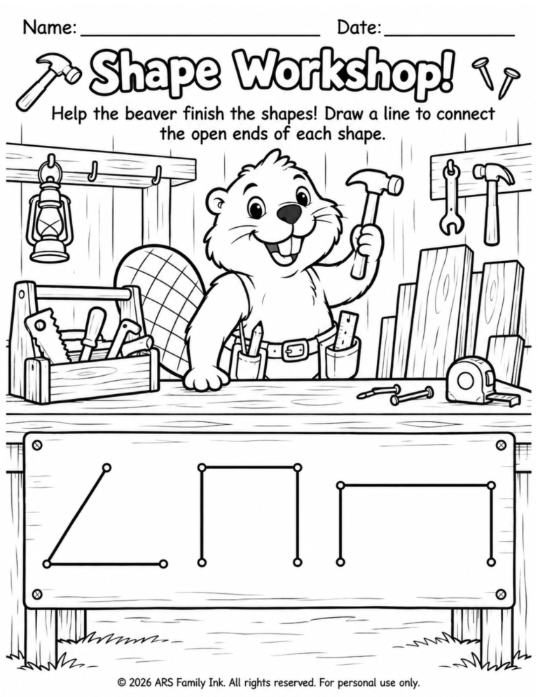 Preschool Shape Workshop worksheet with a beaver holding a hammer and three unfinished shapes for children to complete by drawing missing lines.