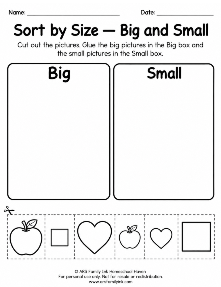Black-and-white preschool cut-and-paste worksheet with big and small apples, hearts, and squares to sort by size.