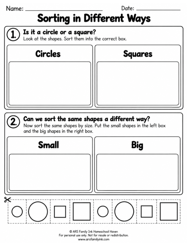 Preschool sorting worksheet with circles and squares to cut out and sort into boxes by shape and size.