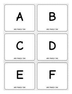 Printable uppercase alphabet flash cards showing letters A through F