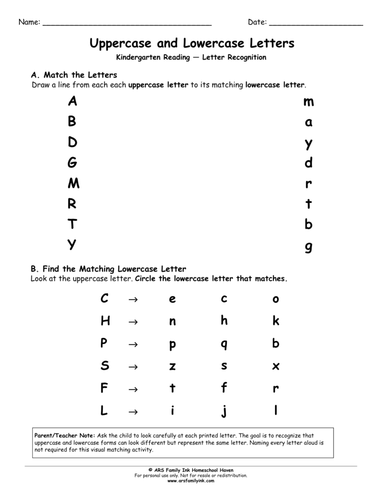 Uppercase and Lowercase Letters kindergarten worksheet for matching capital letters with lowercase letters