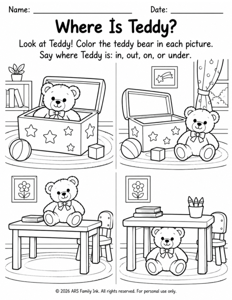 Preschool worksheet showing a teddy bear in and out of a toy box and on and under a table, with directions to color Teddy and say his position.