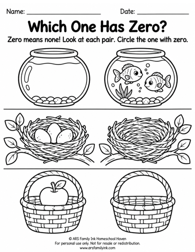 Preschool math worksheet with pairs of fishbowls, bird nests, and apple baskets for children to circle the picture showing zero objects.