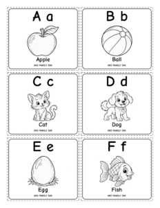 Illustrated alphabet flash cards with uppercase and lowercase letters, pictures, and words